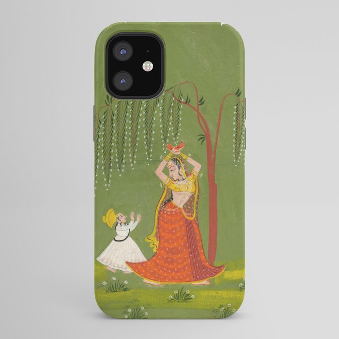 A female attendant is standing in tribhanga pose under a tree. A small child vies for her attention. iPhone Case