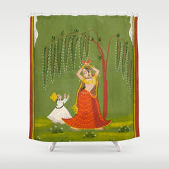 A female attendant is standing in tribhanga pose under a tree. A small child vies for her attention. Shower Curtain