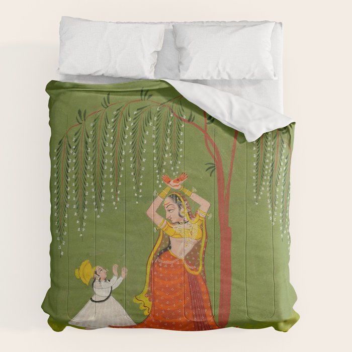 A female attendant is standing in tribhanga pose under a tree. A small child vies for her attention. Comforter