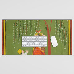 A female attendant is standing in tribhanga pose under a tree. A small child vies for her attention. Desk Mat