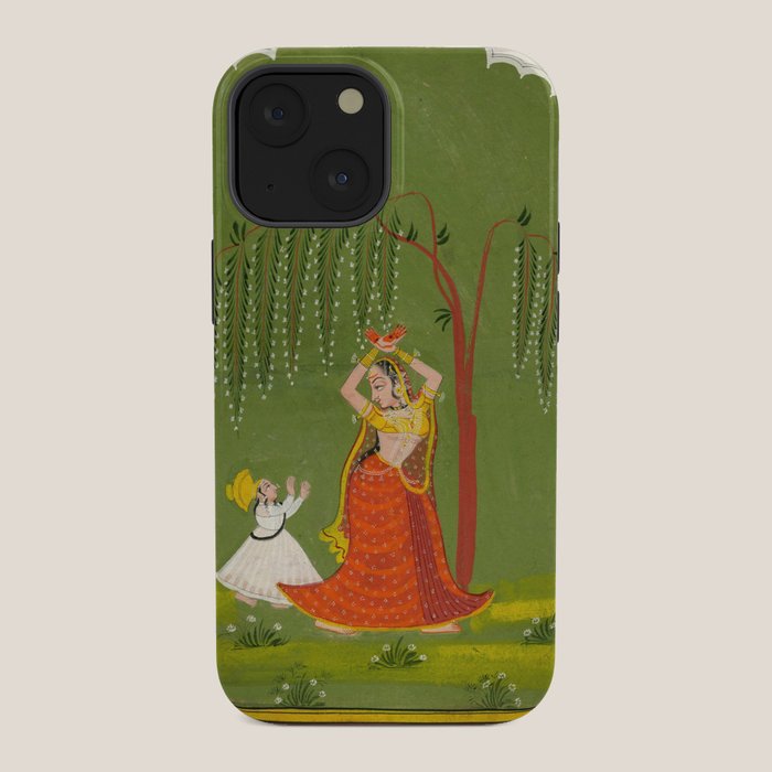 A female attendant is standing in tribhanga pose under a tree. A small child vies for her attention. iPhone Case