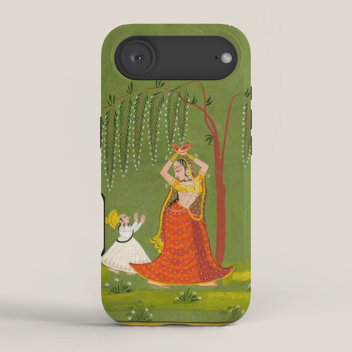 A female attendant is standing in tribhanga pose under a tree. A small child vies for her attention. iPhone Case