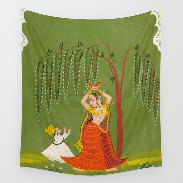 A female attendant is standing in tribhanga pose under a tree. A small child vies for her attention. Wall Tapestry