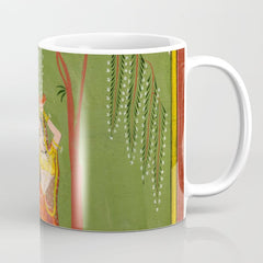 A female attendant is standing in tribhanga pose under a tree. A small child vies for her attention. Coffee Mug