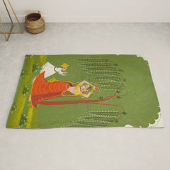 A female attendant is standing in tribhanga pose under a tree. A small child vies for her attention. Rug