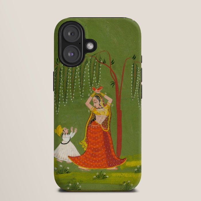 A female attendant is standing in tribhanga pose under a tree. A small child vies for her attention. iPhone Case