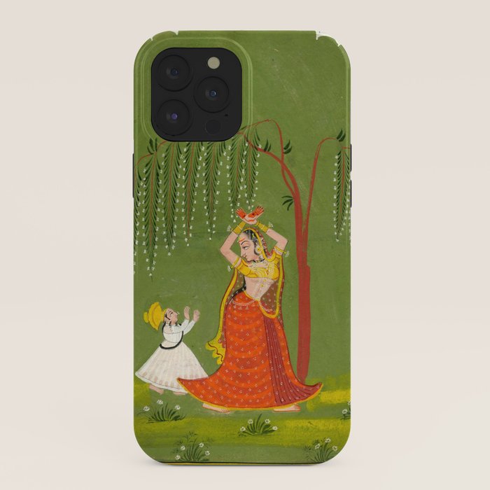 A female attendant is standing in tribhanga pose under a tree. A small child vies for her attention. iPhone Case
