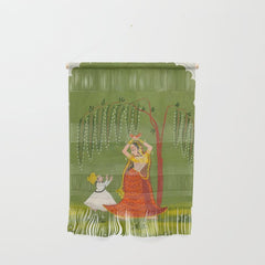 A female attendant is standing in tribhanga pose under a tree. A small child vies for her attention. Wall Hanging