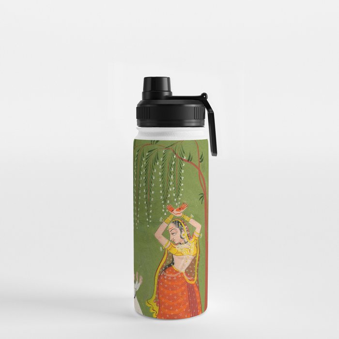 A female attendant is standing in tribhanga pose under a tree. A small child vies for her attention. Water Bottle