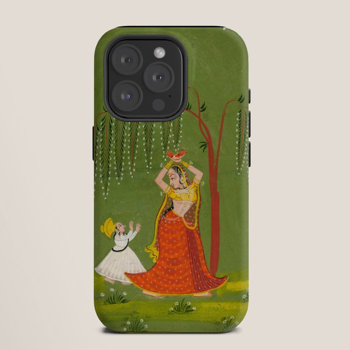 A female attendant is standing in tribhanga pose under a tree. A small child vies for her attention. iPhone Case