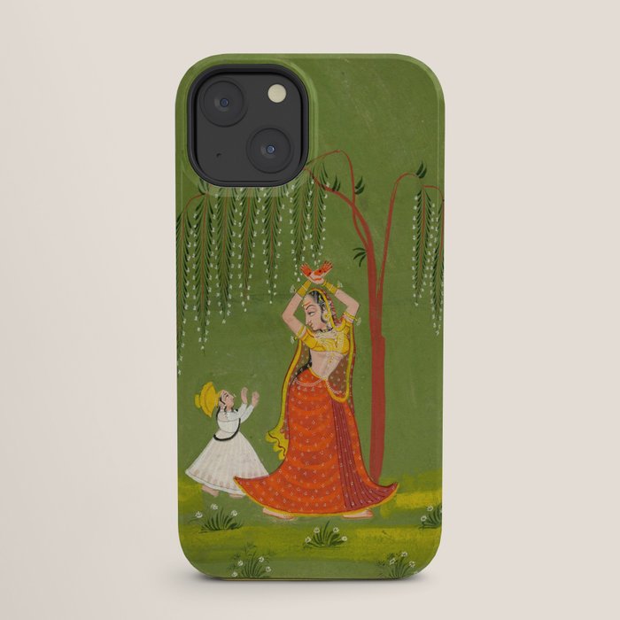 A female attendant is standing in tribhanga pose under a tree. A small child vies for her attention. iPhone Case