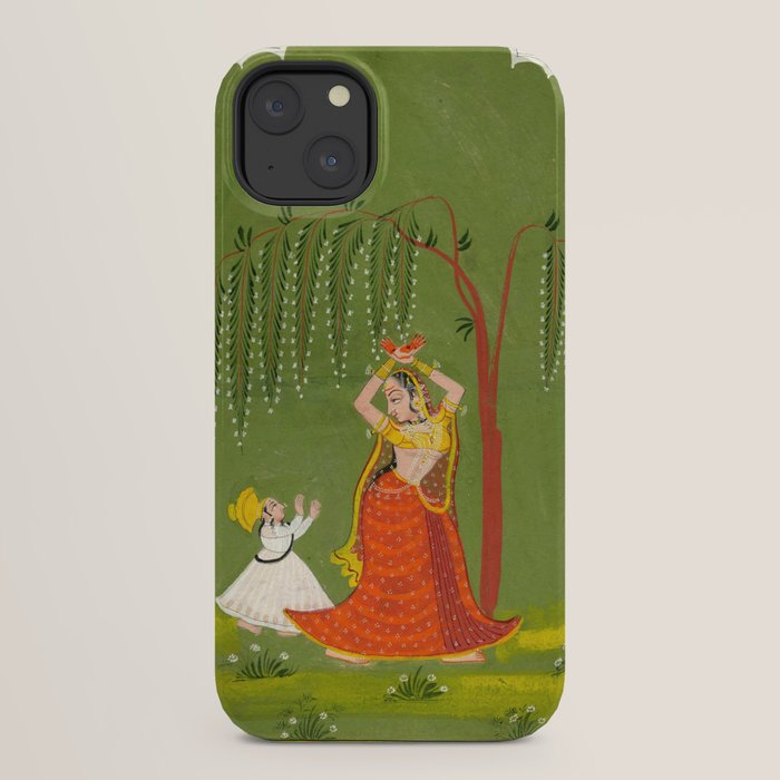 A female attendant is standing in tribhanga pose under a tree. A small child vies for her attention. iPhone Case