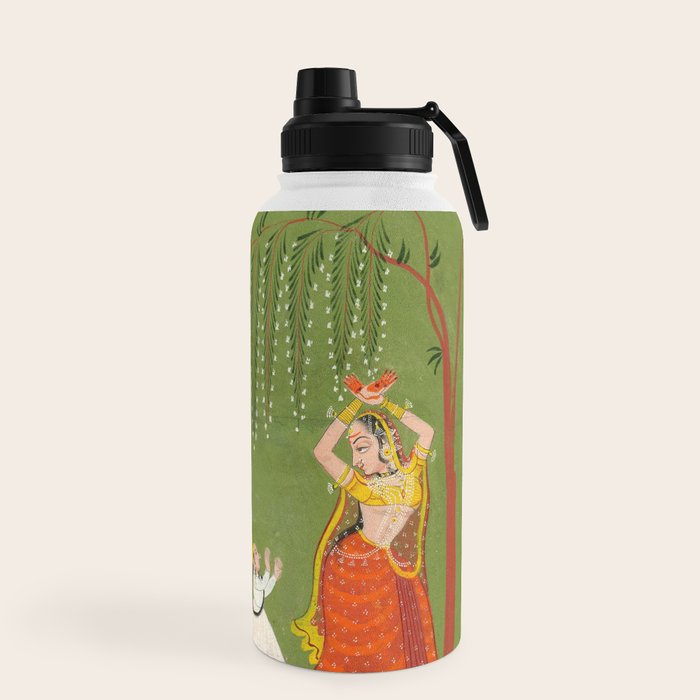 A female attendant is standing in tribhanga pose under a tree. A small child vies for her attention. Water Bottle