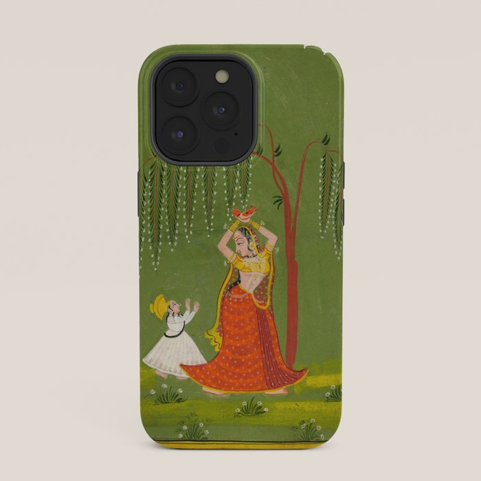 A female attendant is standing in tribhanga pose under a tree. A small child vies for her attention. iPhone Case