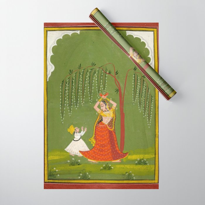 A female attendant is standing in tribhanga pose under a tree. A small child vies for her attention. Wrapping Paper