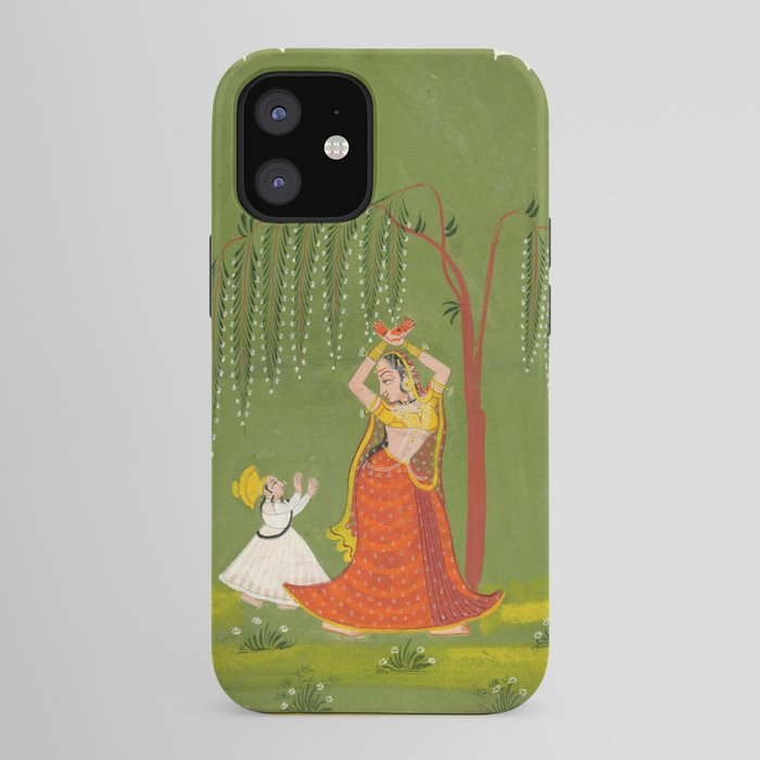 A female attendant is standing in tribhanga pose under a tree. A small child vies for her attention. iPhone Case