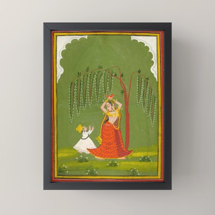 A female attendant is standing in tribhanga pose under a tree. A small child vies for her attention. Mini Art Print