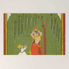 A female attendant is standing in tribhanga pose under a tree. A small child vies for her attention. Welcome Mat
