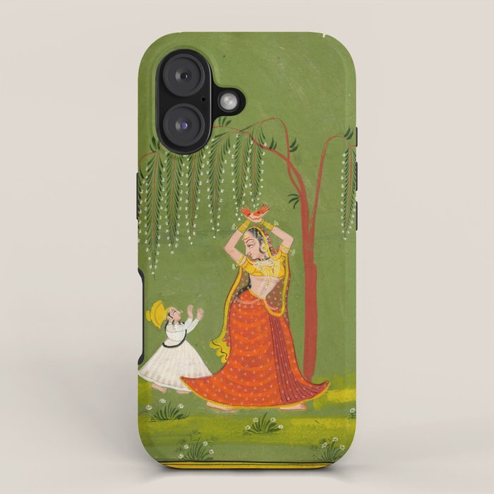 A female attendant is standing in tribhanga pose under a tree. A small child vies for her attention. iPhone Case