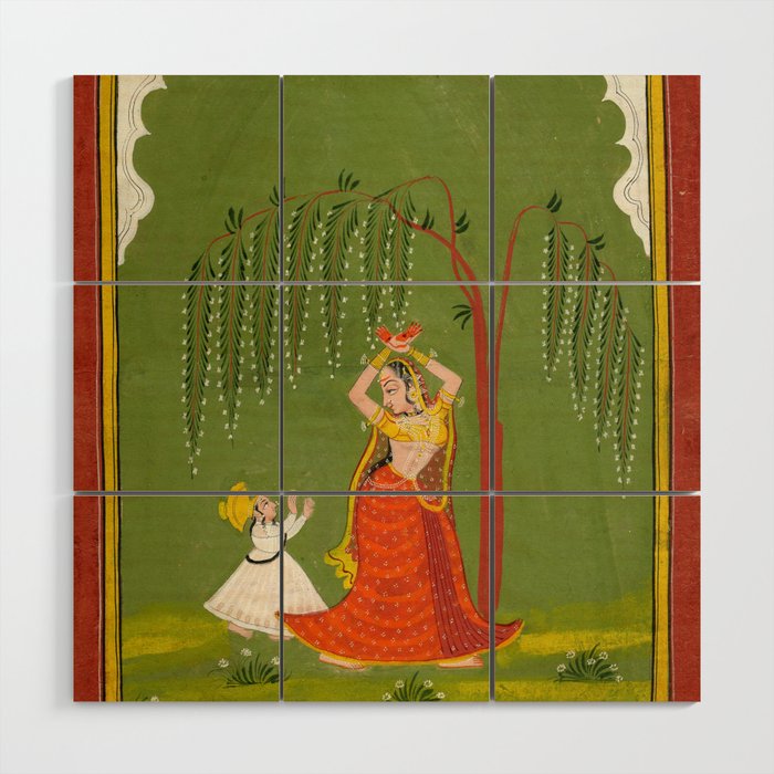 A female attendant is standing in tribhanga pose under a tree. A small child vies for her attention. Wood Wall Art