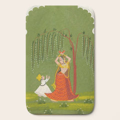 A female attendant is standing in tribhanga pose under a tree. A small child vies for her attention. Bath Mat