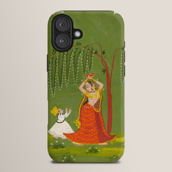 A female attendant is standing in tribhanga pose under a tree. A small child vies for her attention. iPhone Case