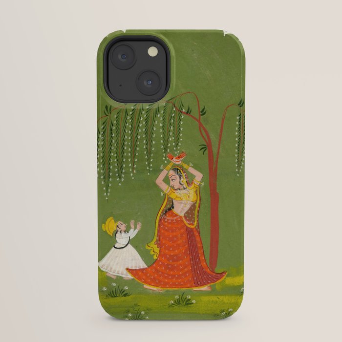 A female attendant is standing in tribhanga pose under a tree. A small child vies for her attention. iPhone Case