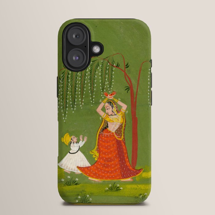 A female attendant is standing in tribhanga pose under a tree. A small child vies for her attention. iPhone Case
