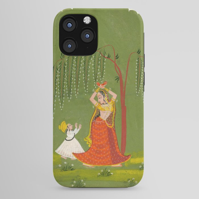 A female attendant is standing in tribhanga pose under a tree. A small child vies for her attention. iPhone Case