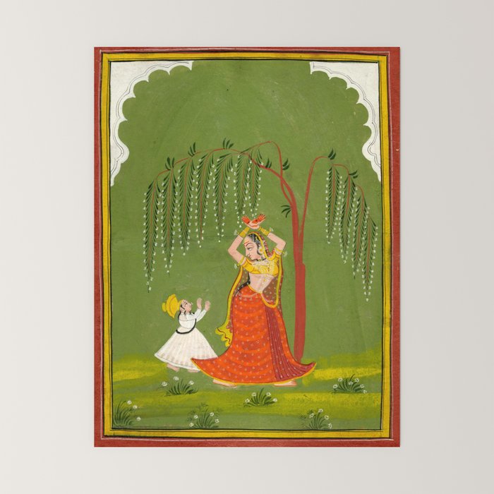 A female attendant is standing in tribhanga pose under a tree. A small child vies for her attention. Mini Art Print