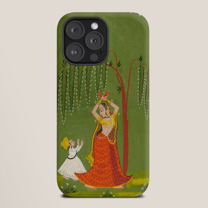 A female attendant is standing in tribhanga pose under a tree. A small child vies for her attention. iPhone Case