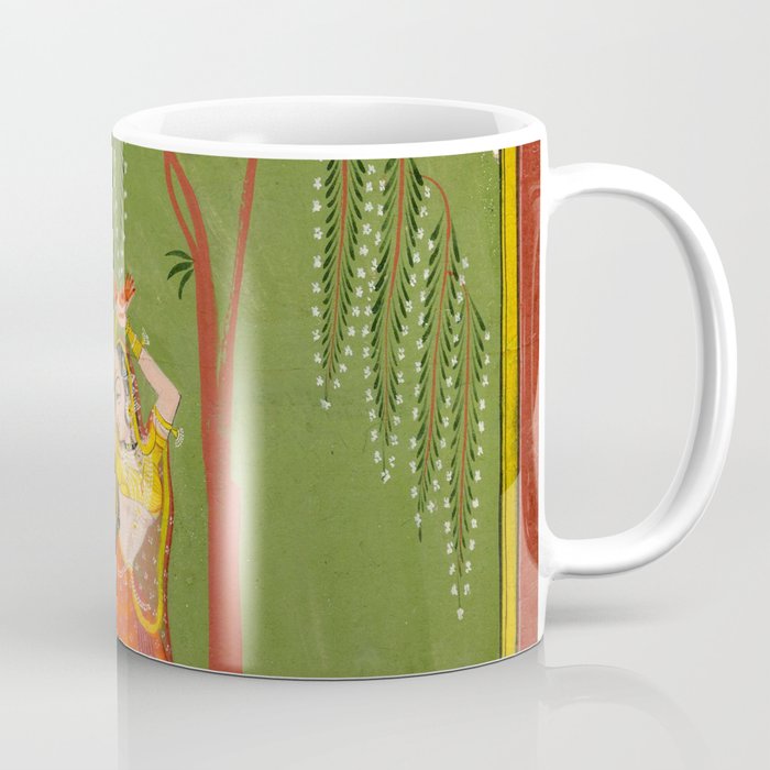 A female attendant is standing in tribhanga pose under a tree. A small child vies for her attention. Coffee Mug