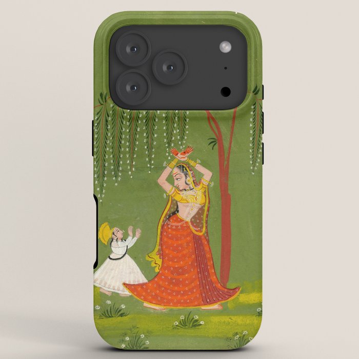 A female attendant is standing in tribhanga pose under a tree. A small child vies for her attention. iPhone Case