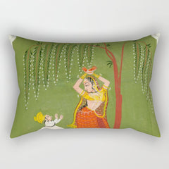 A female attendant is standing in tribhanga pose under a tree. A small child vies for her attention. Rectangular Pillow