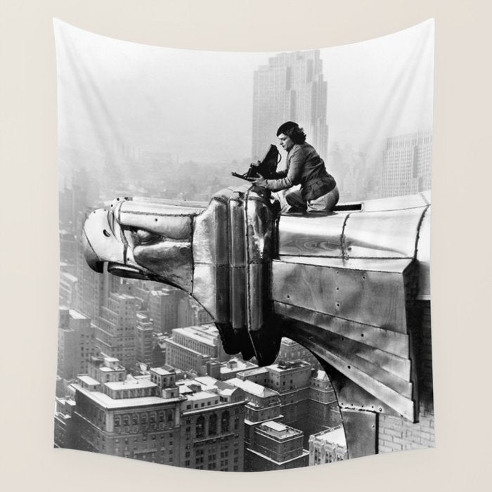 1930 Margaret Bourke-White atop of the world New York City skyline black and white photograph Wall Tapestry