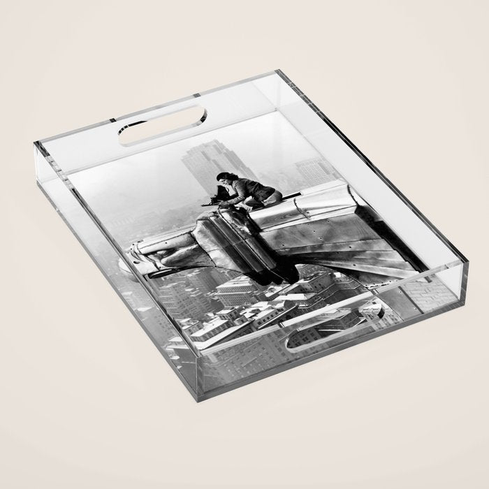 1930 Margaret Bourke-White atop of the world New York City skyline black and white photograph Acrylic Tray