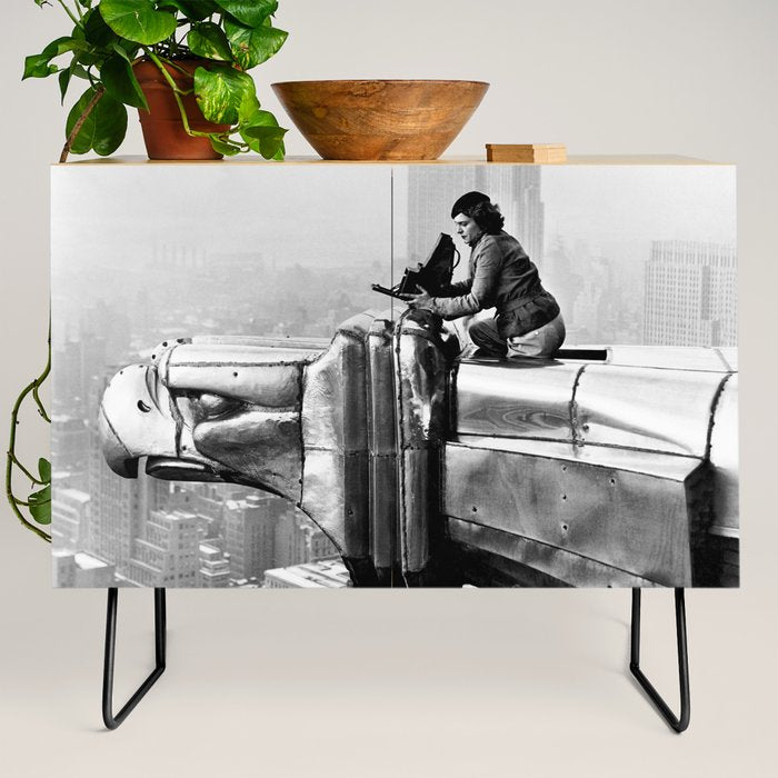 1930 Margaret Bourke-White atop of the world New York City skyline black and white photograph Credenza