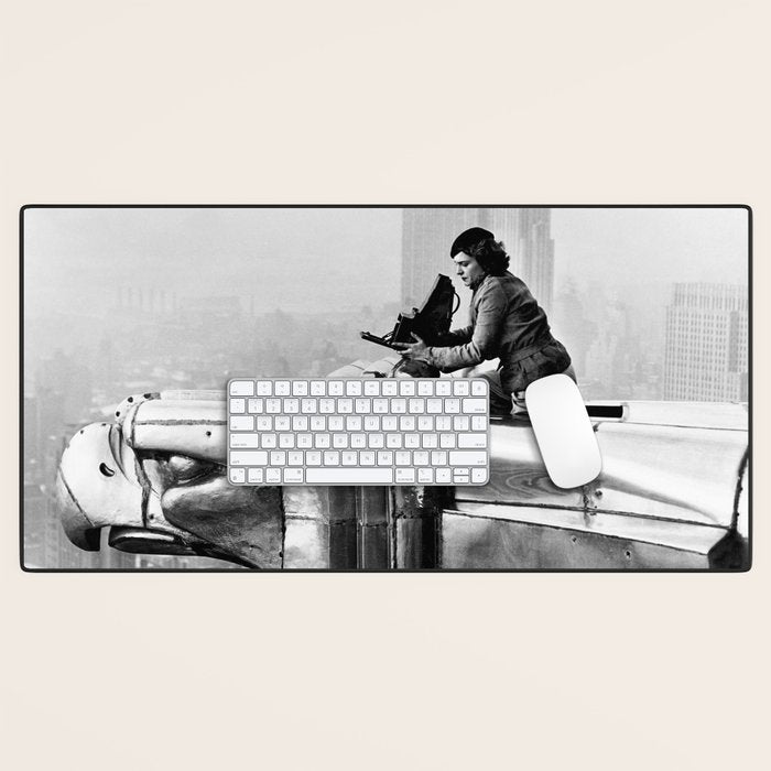 1930 Margaret Bourke-White atop of the world New York City skyline black and white photograph Desk Mat