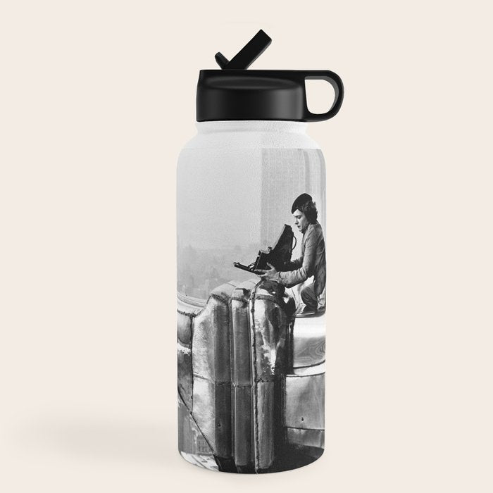 1930 Margaret Bourke-White atop of the world New York City skyline black and white photograph Water Bottle