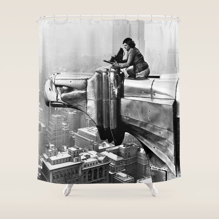 1930 Margaret Bourke-White atop of the world New York City skyline black and white photograph Shower Curtain