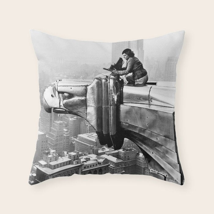 1930 Margaret Bourke-White atop of the world New York City skyline black and white photograph Throw Pillow