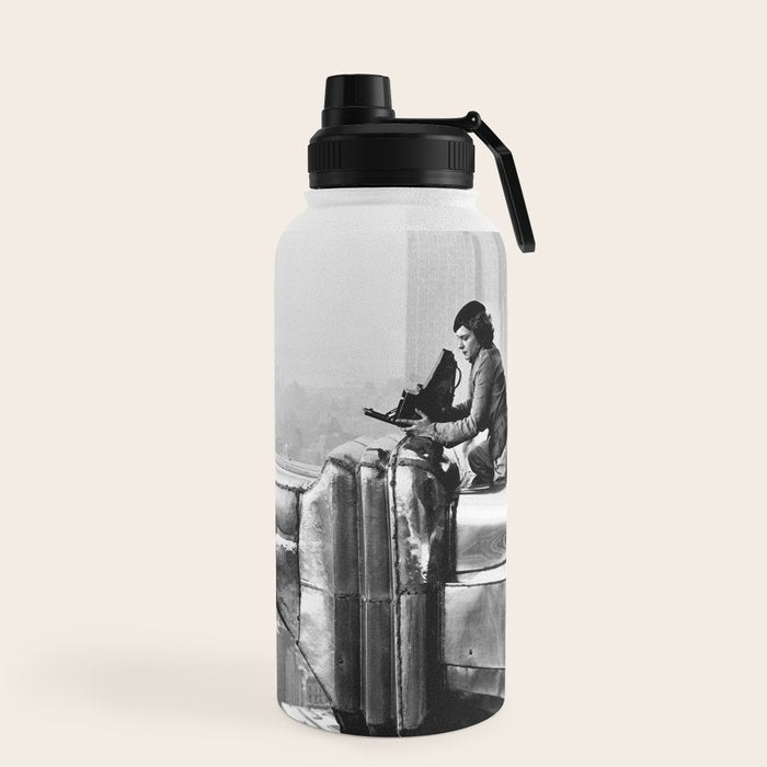 1930 Margaret Bourke-White atop of the world New York City skyline black and white photograph Water Bottle