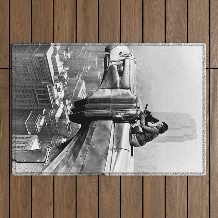 1930 Margaret Bourke-White atop of the world New York City skyline black and white photograph Outdoor Rug