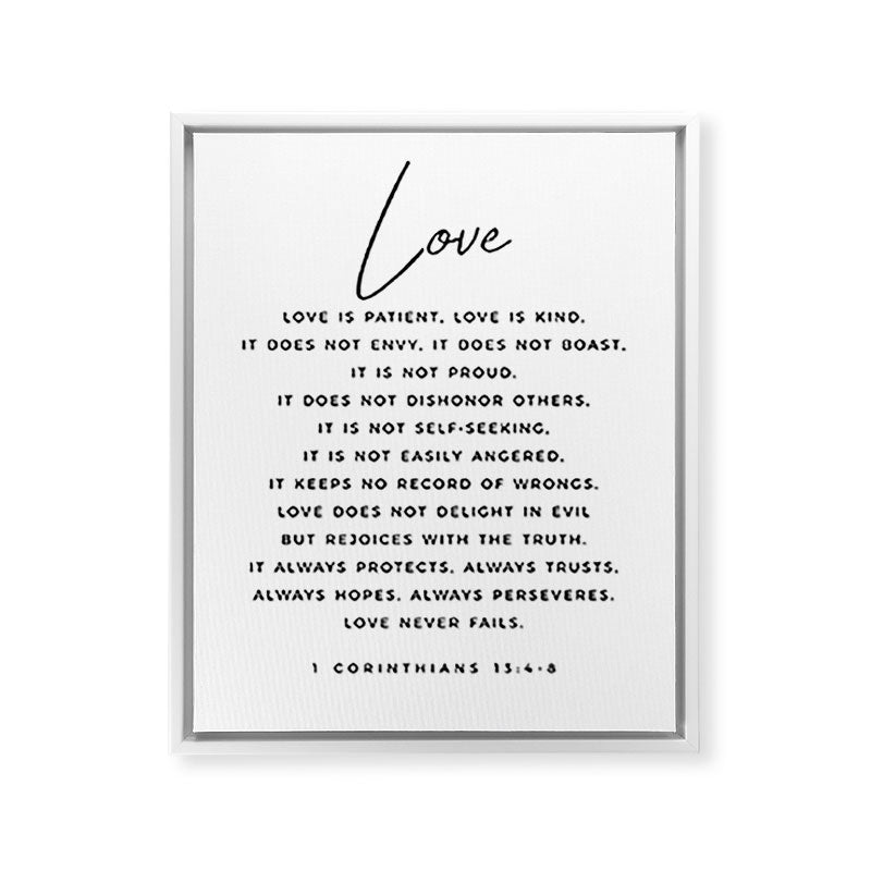 1 Corinthians 13 Love Is Patient Love Is Kind Love Never Fails Bible Verse Print Scripture Christian Framed Canvas Print