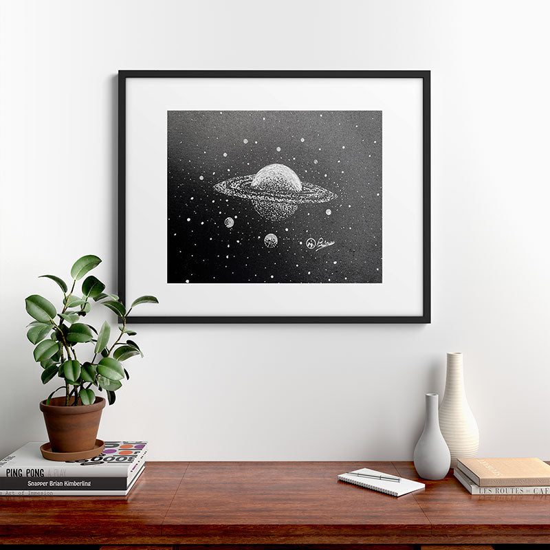 "Saturn's Moons" Outer Space Original Art, Planets, Galaxy Wall Decor Framed Art Print