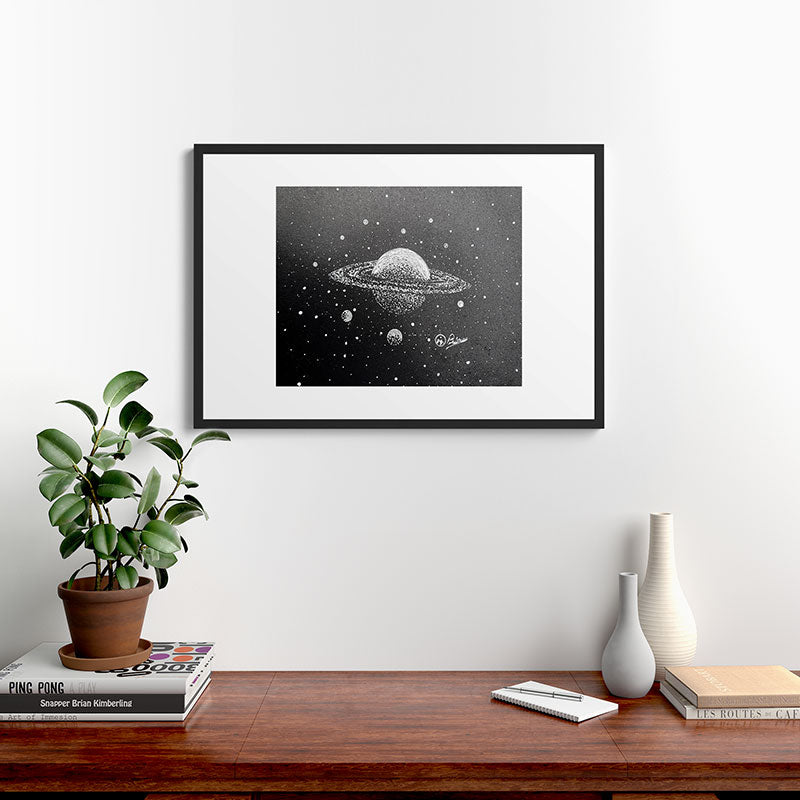 "Saturn's Moons" Outer Space Original Art, Planets, Galaxy Wall Decor Framed Art Print