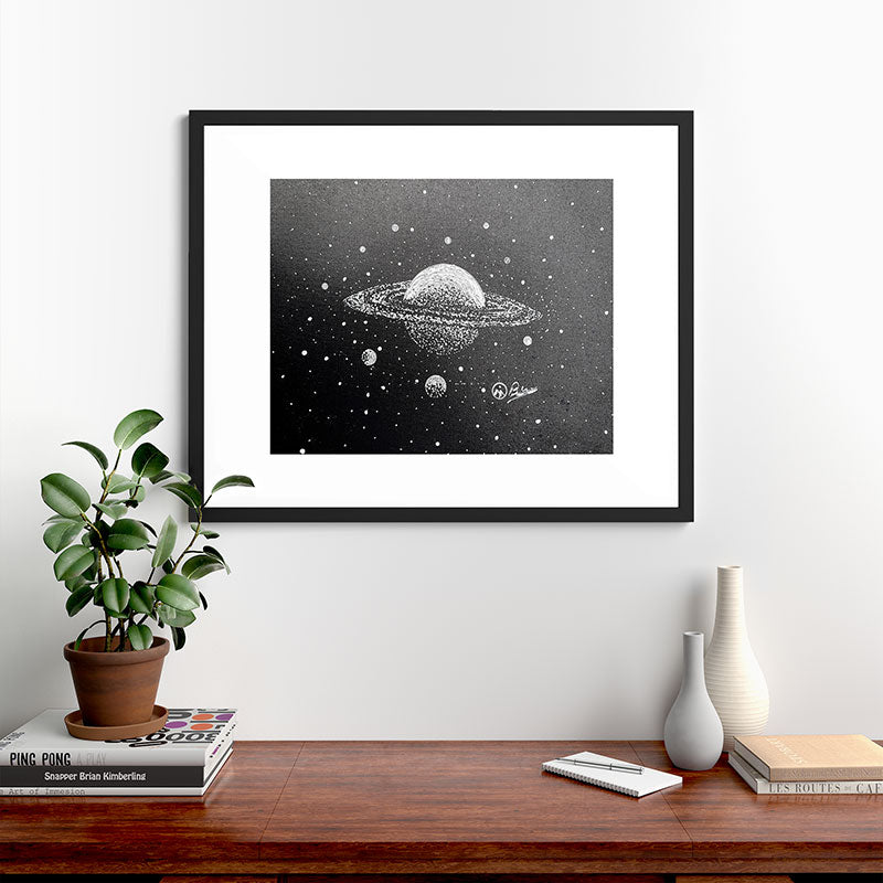 "Saturn's Moons" Outer Space Original Art, Planets, Galaxy Wall Decor Framed Art Print