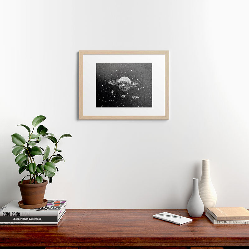 "Saturn's Moons" Outer Space Original Art, Planets, Galaxy Wall Decor Framed Art Print
