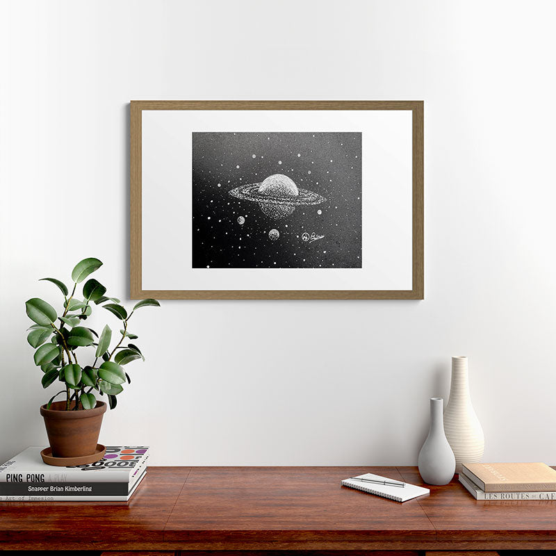 "Saturn's Moons" Outer Space Original Art, Planets, Galaxy Wall Decor Framed Art Print