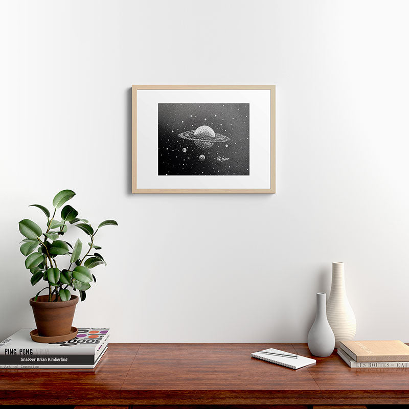 "Saturn's Moons" Outer Space Original Art, Planets, Galaxy Wall Decor Framed Art Print